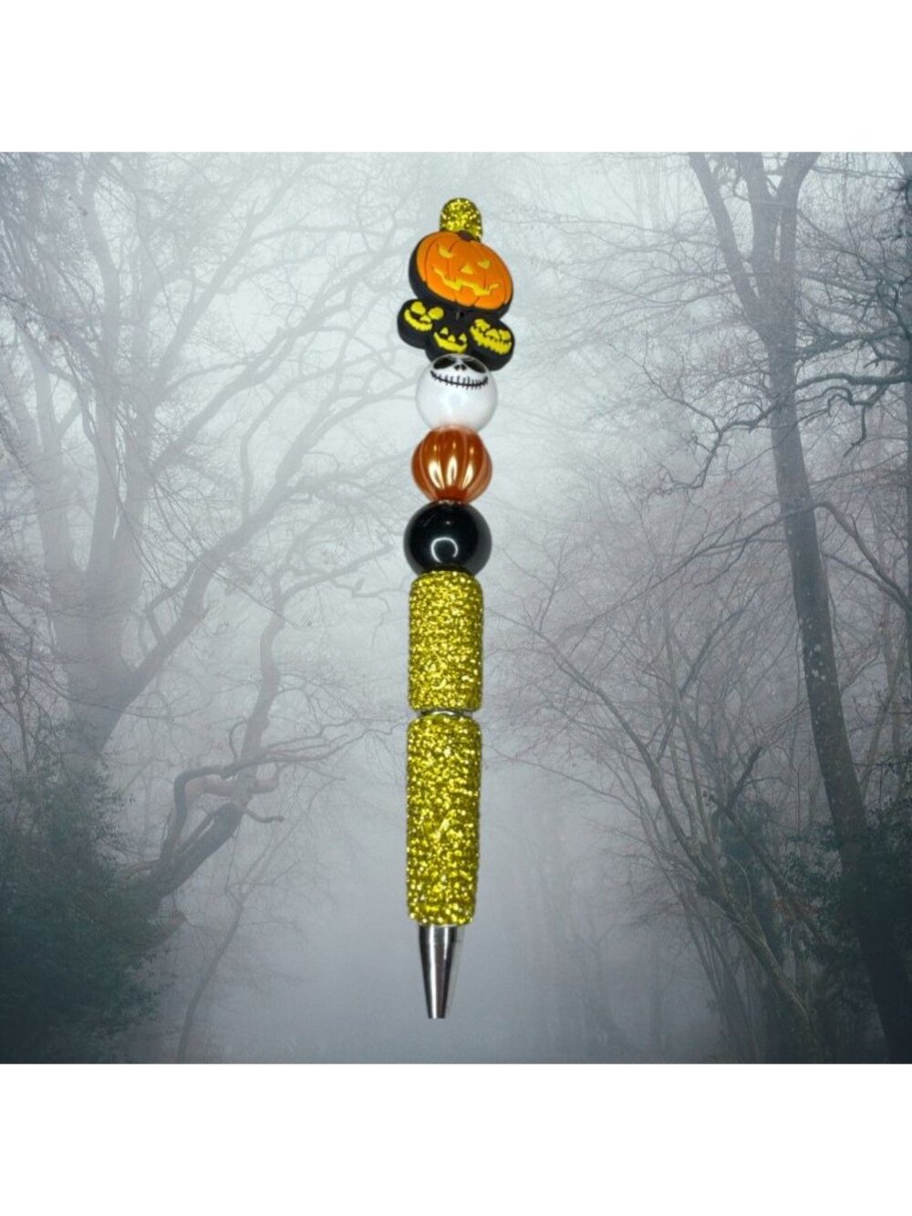 Halloween-Themed Glitter Pen With Pumpkin & Skull Beads Black & Orange Design Fu